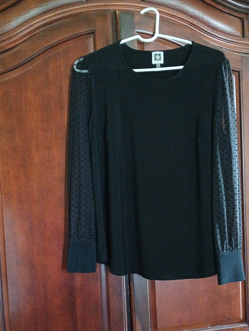 Anne Klein Black Long Sleeve Top with Sheer Dotted Sleeves